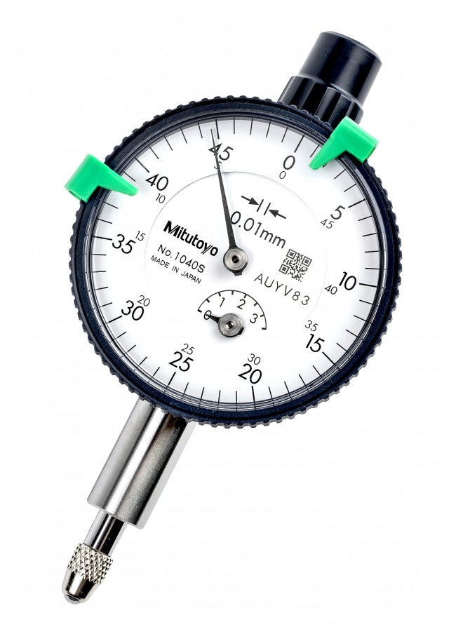 Mitutoyo 1045SB Dial Indicator, M2.5X0.45 Thread, 8mm Stem Dia., Flat Back, White Dial, 0-50-0 Reading, 41mm Dial Dia., 0-5mm Range, 0.01mm Graduation, +/-0.013mm Accuracy