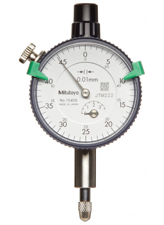 Mitutoyo 1045SB Dial Indicator, M2.5X0.45 Thread, 8mm Stem Dia., Flat Back, White Dial, 0-50-0 Reading, 41mm Dial Dia., 0-5mm Range, 0.01mm Graduation, +/-0.013mm Accuracy