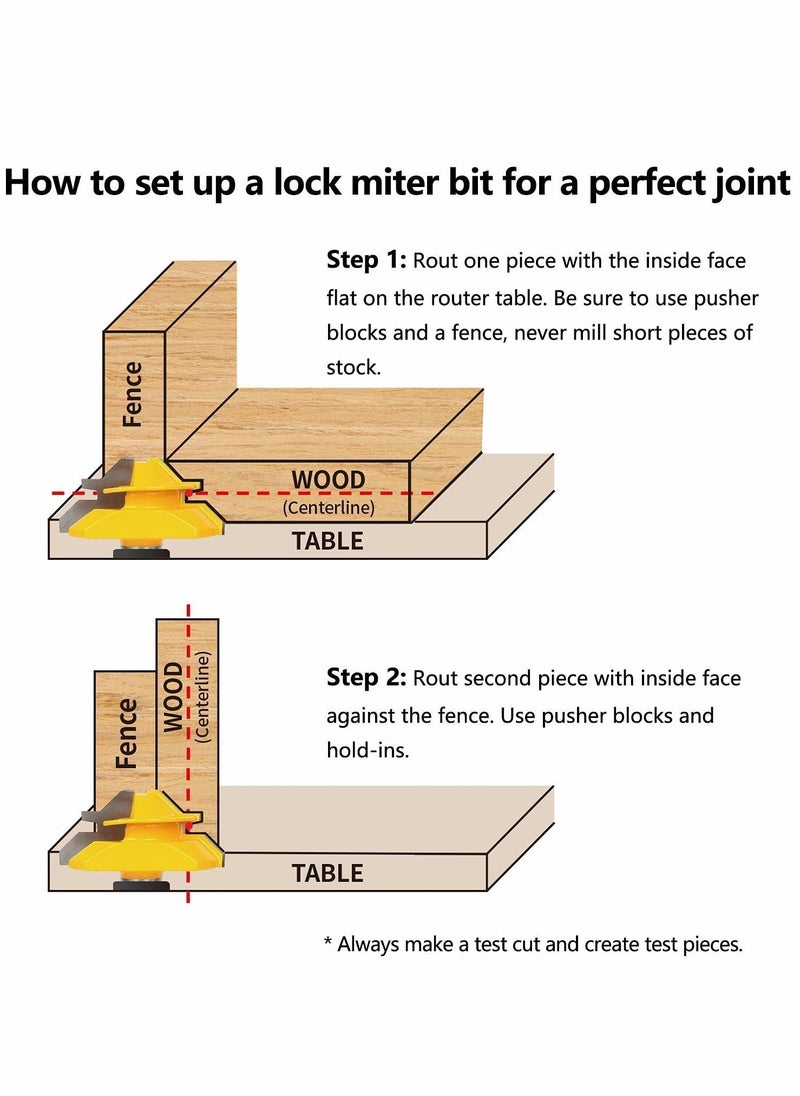 45 Degree Lock Miter Router Bit, for 1/2in, 1in Cutting Height, 1/2 Inch Shank, Easy to Create Joint, 3 pcs Set