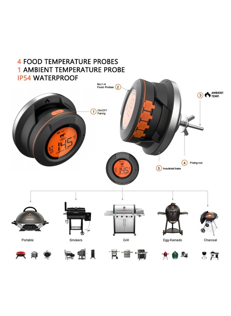 Wireless Bluetooth BBQ Grill Thermometer with 4 Probes - Digital Electronic Baking & Grilling Thermometer, Monitor Temperature via Mobile APP, IP54 Waterproof, Wide Temperature Range 0-380℃/32-712℉, Perfect for Professional Grill Masters and Baking Enthusiasts