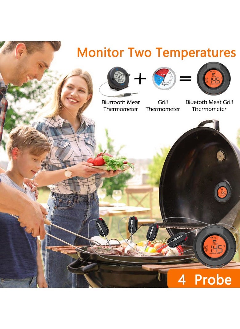 Wireless Bluetooth BBQ Grill Thermometer with 4 Probes - Digital Electronic Baking & Grilling Thermometer, Monitor Temperature via Mobile APP, IP54 Waterproof, Wide Temperature Range 0-380℃/32-712℉, Perfect for Professional Grill Masters and Baking Enthusiasts