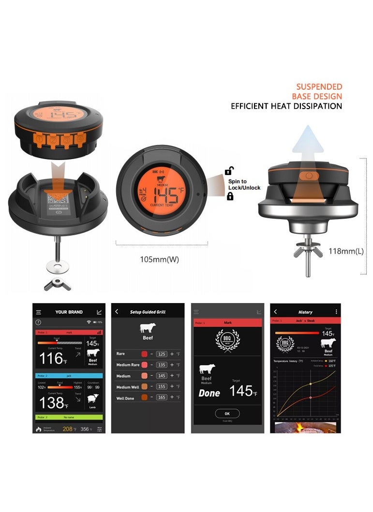 Wireless Bluetooth BBQ Grill Thermometer with 4 Probes - Digital Electronic Baking & Grilling Thermometer, Monitor Temperature via Mobile APP, IP54 Waterproof, Wide Temperature Range 0-380℃/32-712℉, Perfect for Professional Grill Masters and Baking Enthusiasts