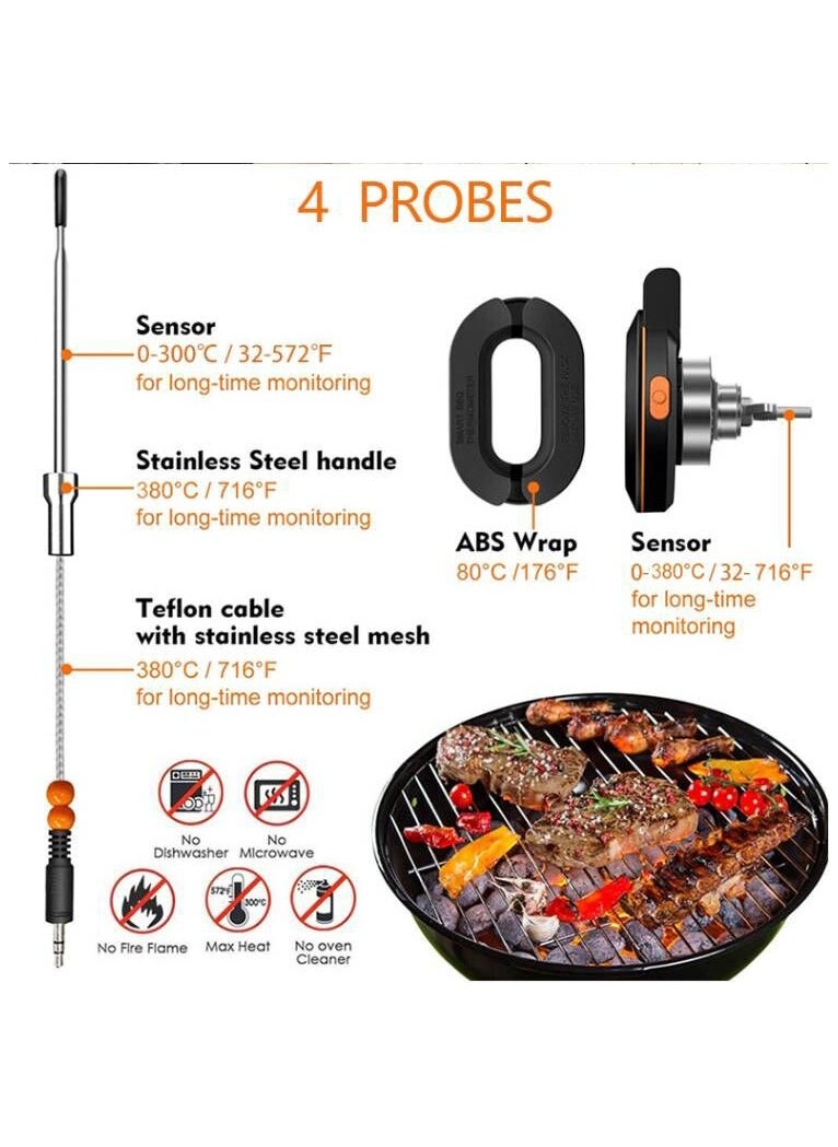 Wireless Bluetooth BBQ Grill Thermometer with 4 Probes - Digital Electronic Baking & Grilling Thermometer, Monitor Temperature via Mobile APP, IP54 Waterproof, Wide Temperature Range 0-380℃/32-712℉, Perfect for Professional Grill Masters and Baking Enthusiasts