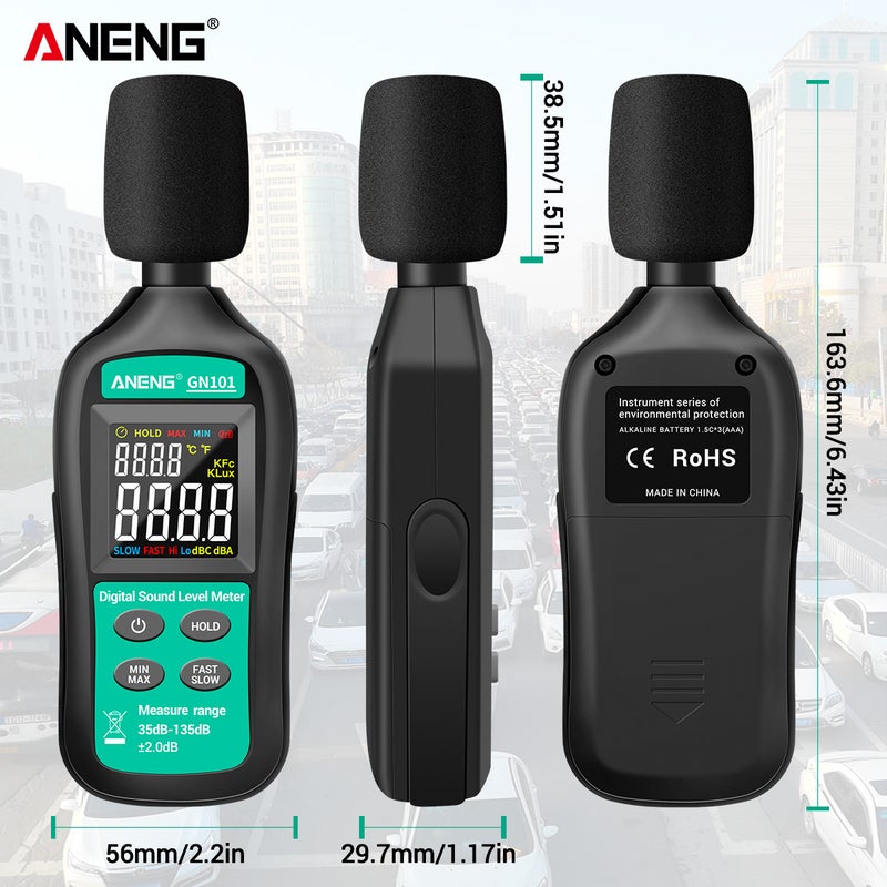 Digital 35db-135db Noise Meter With Condenser Microphone Black/Green 27 x 4.50 x 10cm