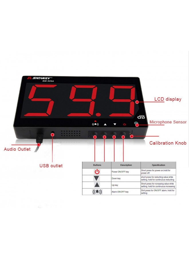 SNDWAY SW-525A 30-130dB Digital Sound Level Meter with Large LCD Display Noise Meter Decibel Wall Mounted Hanging