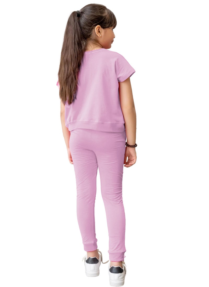 Kids Girls Baby Pink T-Shirt Top & Legging Set Soft Stretchable Cotton Casual Outfit Comfortable & Stylish Everyday Wear Co-Ord Set