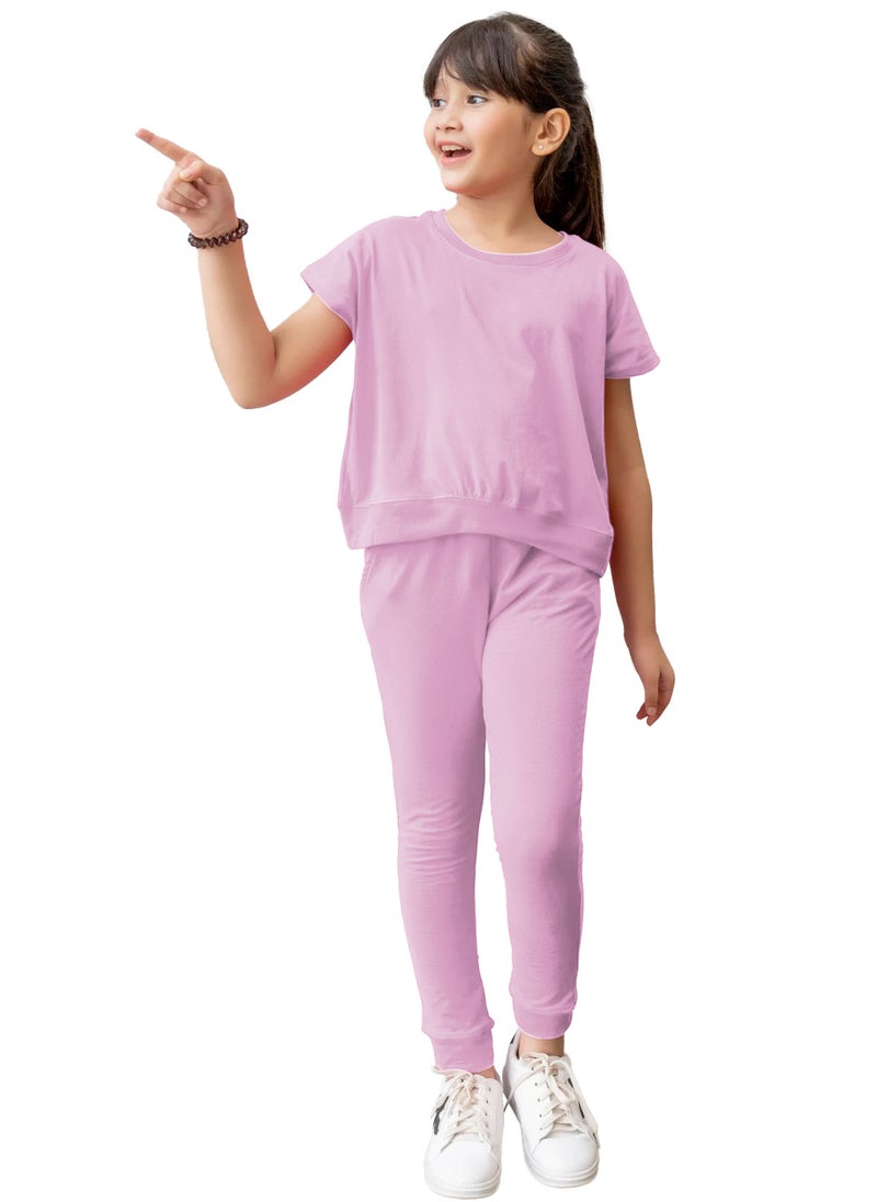 Kids Girls Baby Pink T-Shirt Top & Legging Set Soft Stretchable Cotton Casual Outfit Comfortable & Stylish Everyday Wear Co-Ord Set