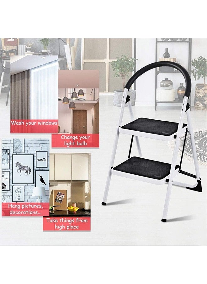 2-Step Ladder, Folding Step Stool with Anti-Slip Platform, Heavy Duty Metal Step Ladder Foldable for Home, Kitchen & Garage