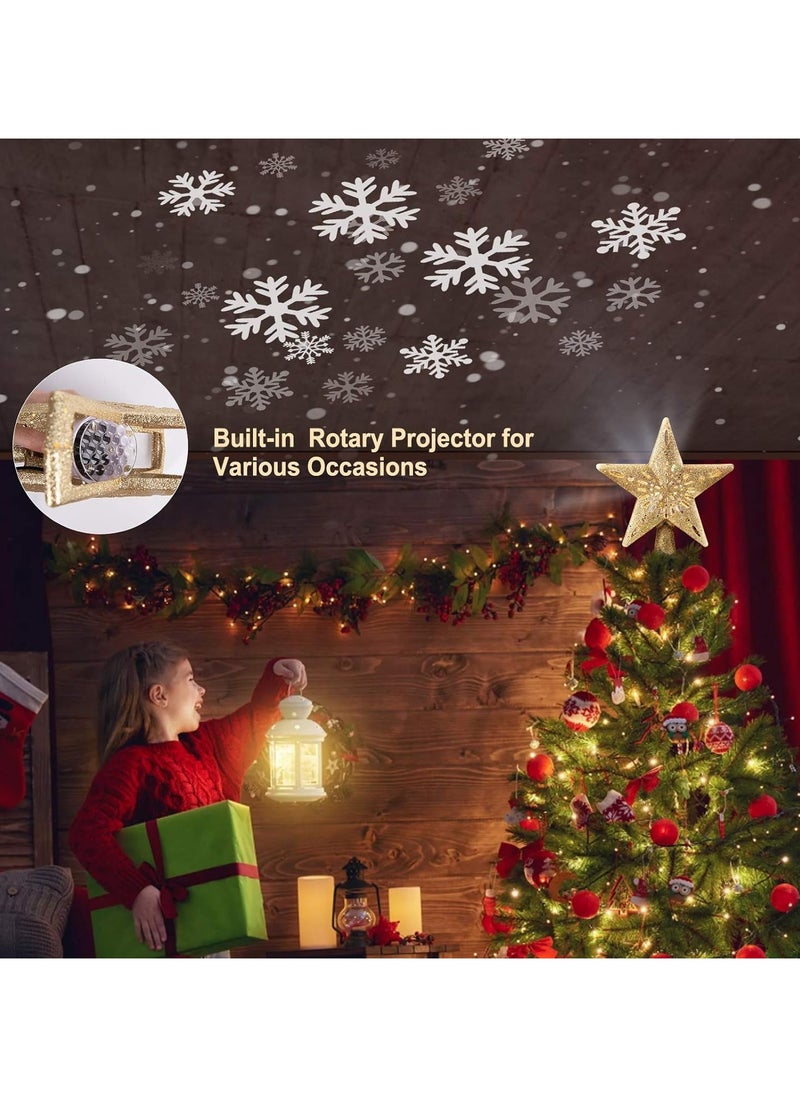 Christmas Star Tree Topper with Built-in Led Snowflake Projector Lights Hollowed Pentagram Tree Topper Plug in Christmas Tree Ornament for Indoor Xmas New Year Holiday Tree Decoration Gold