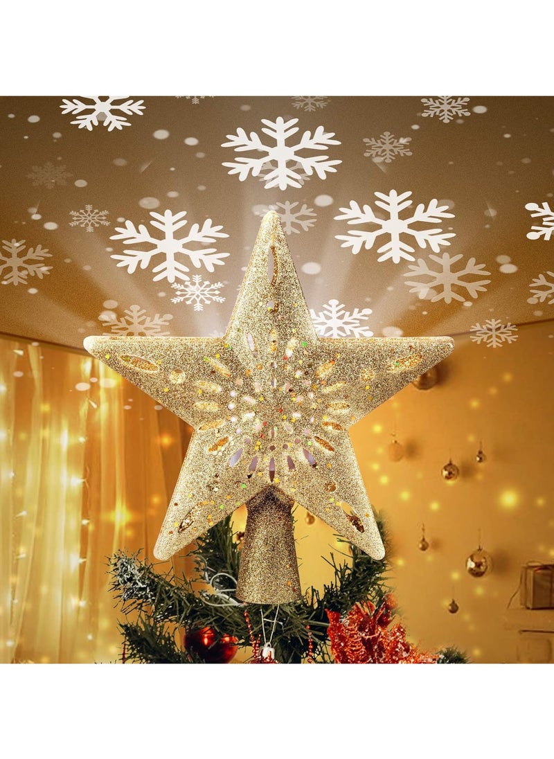 Christmas Star Tree Topper with Built-in Led Snowflake Projector Lights Hollowed Pentagram Tree Topper Plug in Christmas Tree Ornament for Indoor Xmas New Year Holiday Tree Decoration Gold