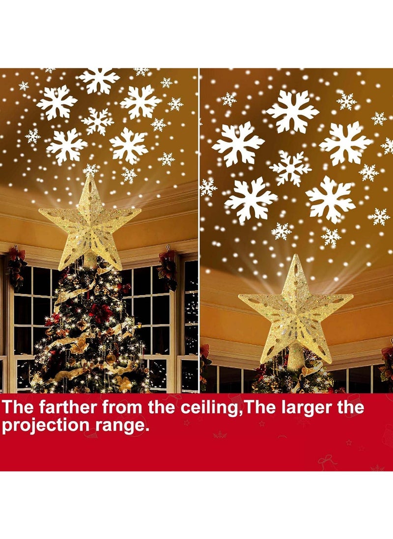 Christmas Star Tree Topper with Built-in Led Snowflake Projector Lights Hollowed Pentagram Tree Topper Plug in Christmas Tree Ornament for Indoor Xmas New Year Holiday Tree Decoration Gold