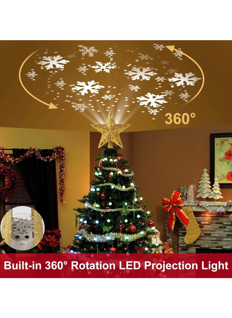 Christmas Star Tree Topper with Built-in Led Snowflake Projector Lights Hollowed Pentagram Tree Topper Plug in Christmas Tree Ornament for Indoor Xmas New Year Holiday Tree Decoration Gold