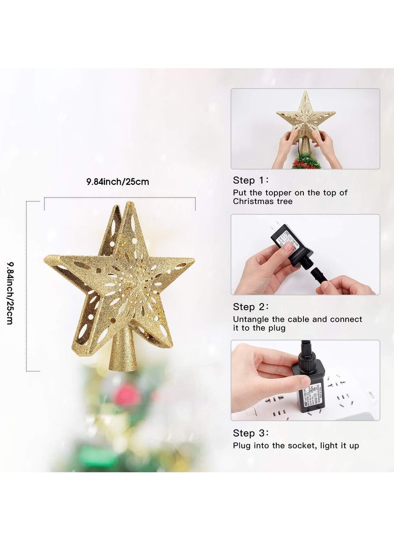Christmas Star Tree Topper with Built-in Led Snowflake Projector Lights Hollowed Pentagram Tree Topper Plug in Christmas Tree Ornament for Indoor Xmas New Year Holiday Tree Decoration Gold