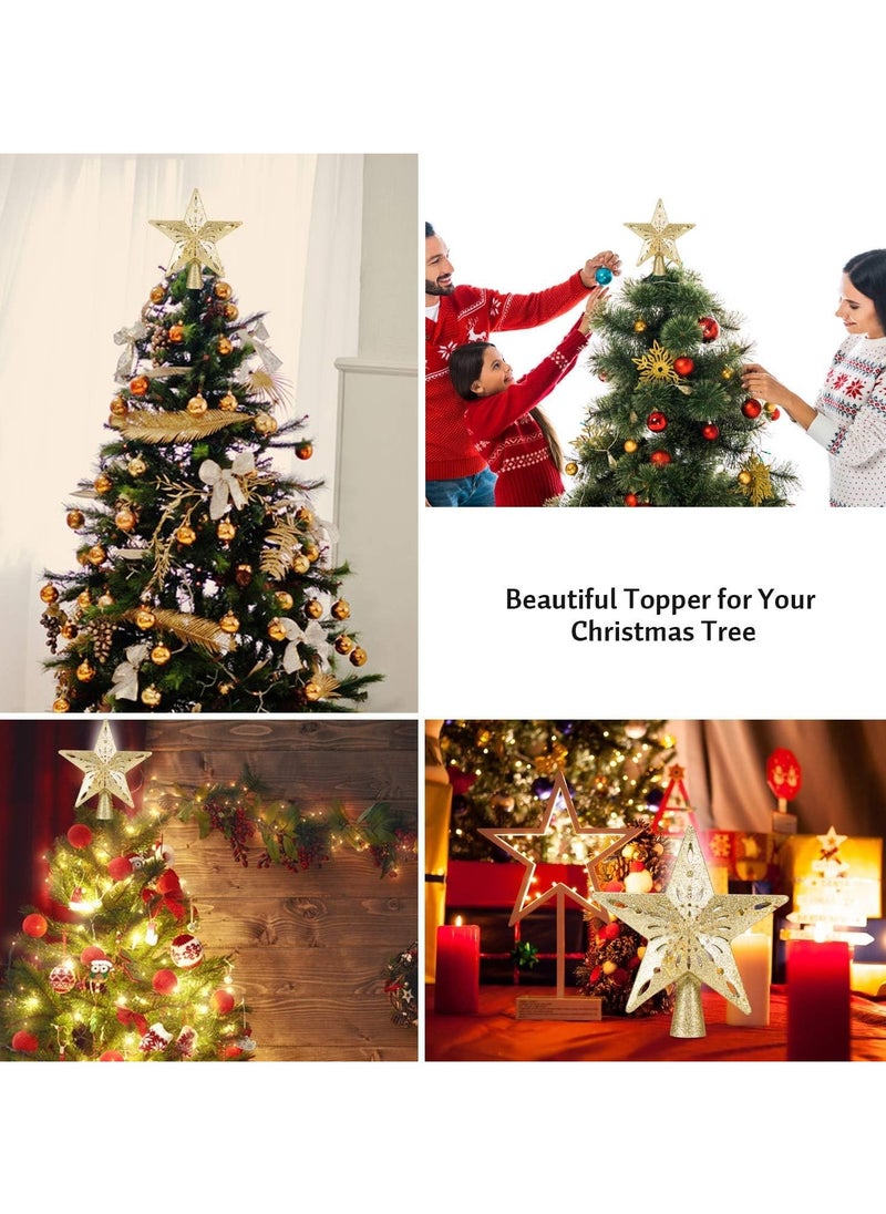 Christmas Star Tree Topper with Built-in Led Snowflake Projector Lights Hollowed Pentagram Tree Topper Plug in Christmas Tree Ornament for Indoor Xmas New Year Holiday Tree Decoration Gold
