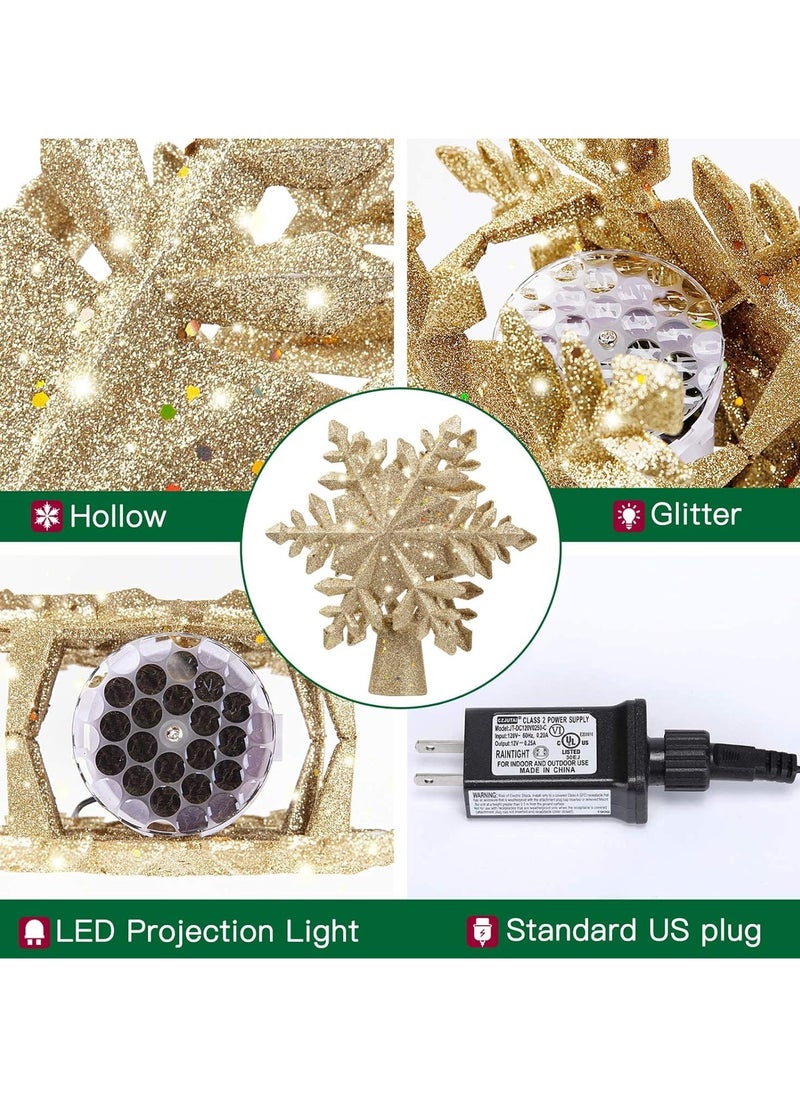 Christmas Tree Topper Lighted with Built-in Led Rotating Snowflake Projector Lights 9.6” Hollowed Tree Topper with Gold Spangles Plug In for Indoor Home Xmas New Year Party Tree Decor