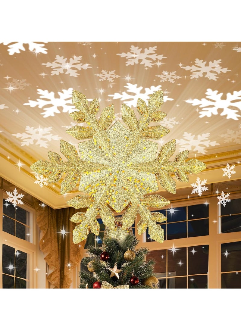 Christmas Tree Topper Lighted with Built-in Led Rotating Snowflake Projector Lights 9.6” Hollowed Tree Topper with Gold Spangles Plug In for Indoor Home Xmas New Year Party Tree Decor