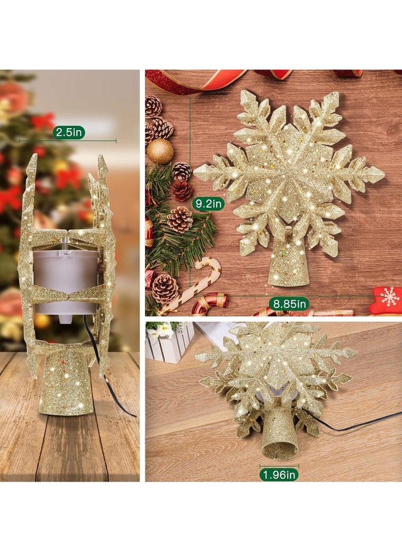 Christmas Tree Topper Lighted with Built-in Led Rotating Snowflake Projector Lights 9.6” Hollowed Tree Topper with Gold Spangles Plug In for Indoor Home Xmas New Year Party Tree Decor