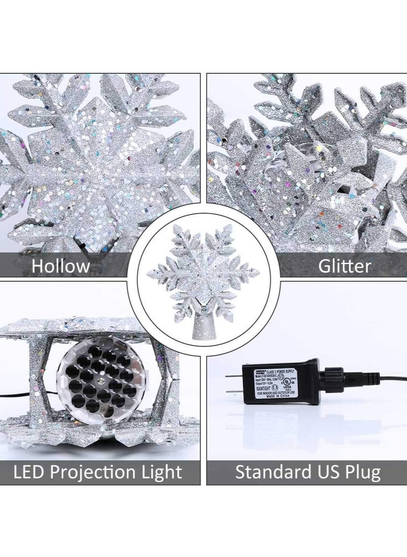 Christmas Tree Topper Lighted with Built-in Led Rotating Snowflake Projector Lights 9.6” Hollowed Tree Topper with Sliver Spangles Plug In for Indoor Home Xmas New Year Party Tree Decor