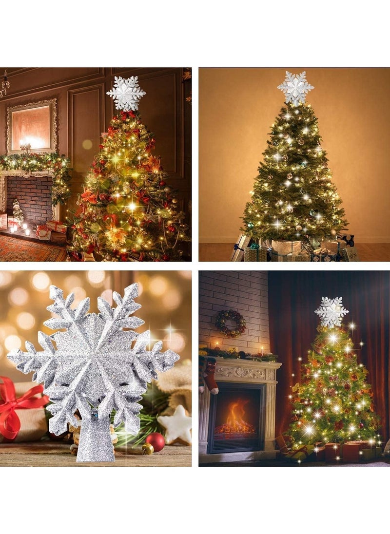 Christmas Tree Topper Lighted with Built-in Led Rotating Snowflake Projector Lights 9.6” Hollowed Tree Topper with Sliver Spangles Plug In for Indoor Home Xmas New Year Party Tree Decor