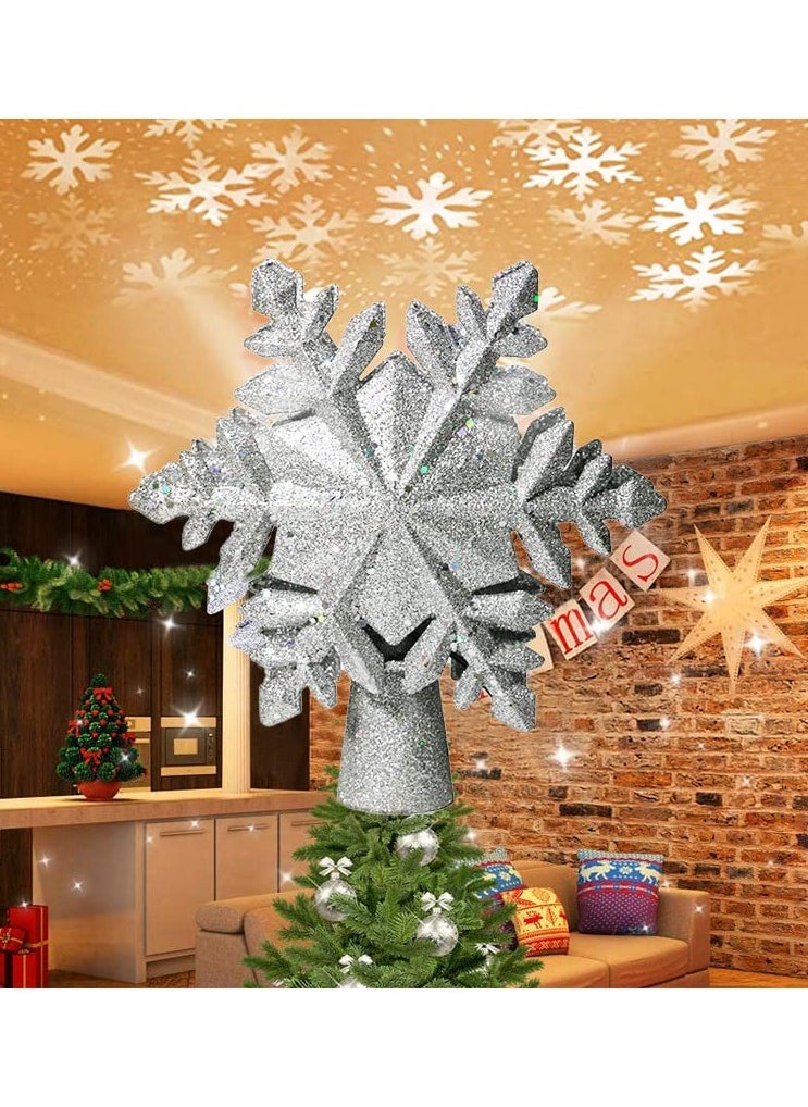 Christmas Tree Topper Lighted with Built-in Led Rotating Snowflake Projector Lights 9.6” Hollowed Tree Topper with Sliver Spangles Plug In for Indoor Home Xmas New Year Party Tree Decor