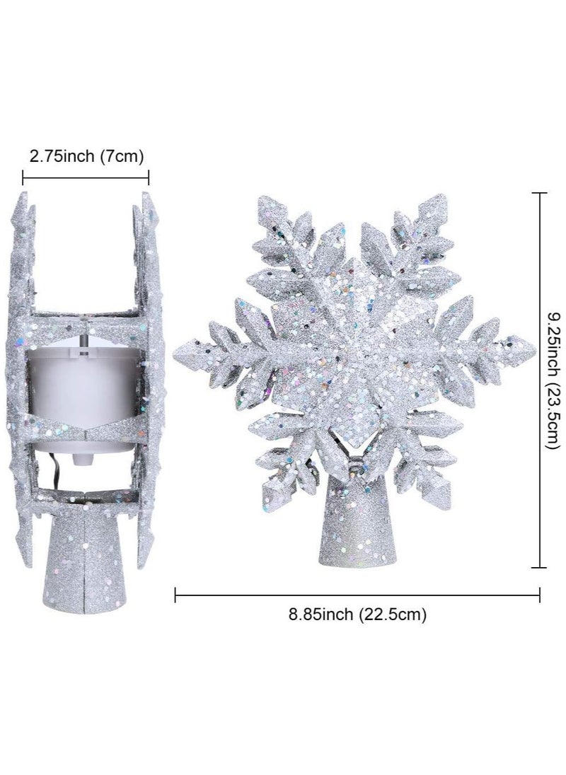 Christmas Tree Topper Lighted with Built-in Led Rotating Snowflake Projector Lights 9.6” Hollowed Tree Topper with Sliver Spangles Plug In for Indoor Home Xmas New Year Party Tree Decor