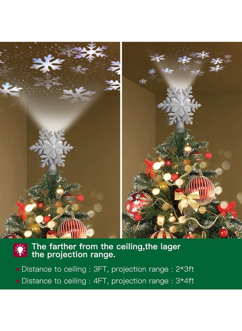 Christmas Tree Topper Lighted with Built-in Led Rotating Snowflake Projector Lights 9.6” Hollowed Tree Topper with Sliver Spangles Plug In for Indoor Home Xmas New Year Party Tree Decor