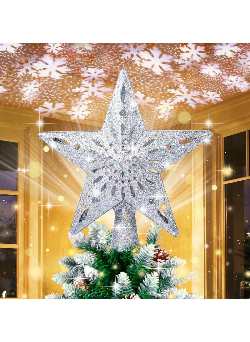 Christmas Star Tree Topper with Built-in Led Snowflake Projector Lights Hollowed Pentagram Tree Topper Plug in Christmas Tree Ornament for Indoor Xmas New Year Holiday Tree Decoration Sliver