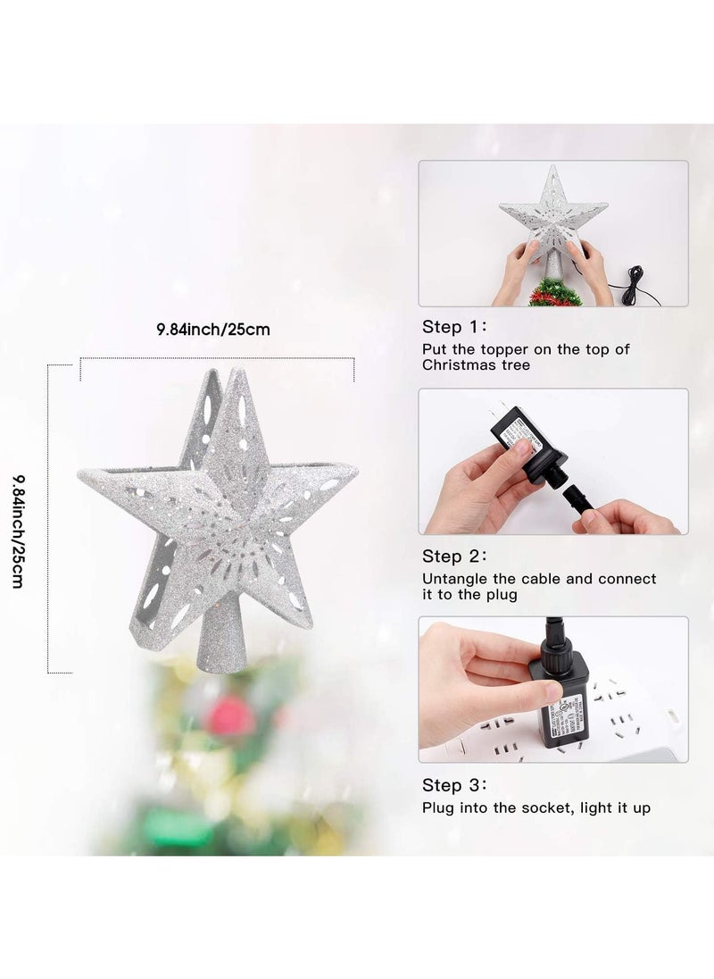 Christmas Star Tree Topper with Built-in Led Snowflake Projector Lights Hollowed Pentagram Tree Topper Plug in Christmas Tree Ornament for Indoor Xmas New Year Holiday Tree Decoration Sliver