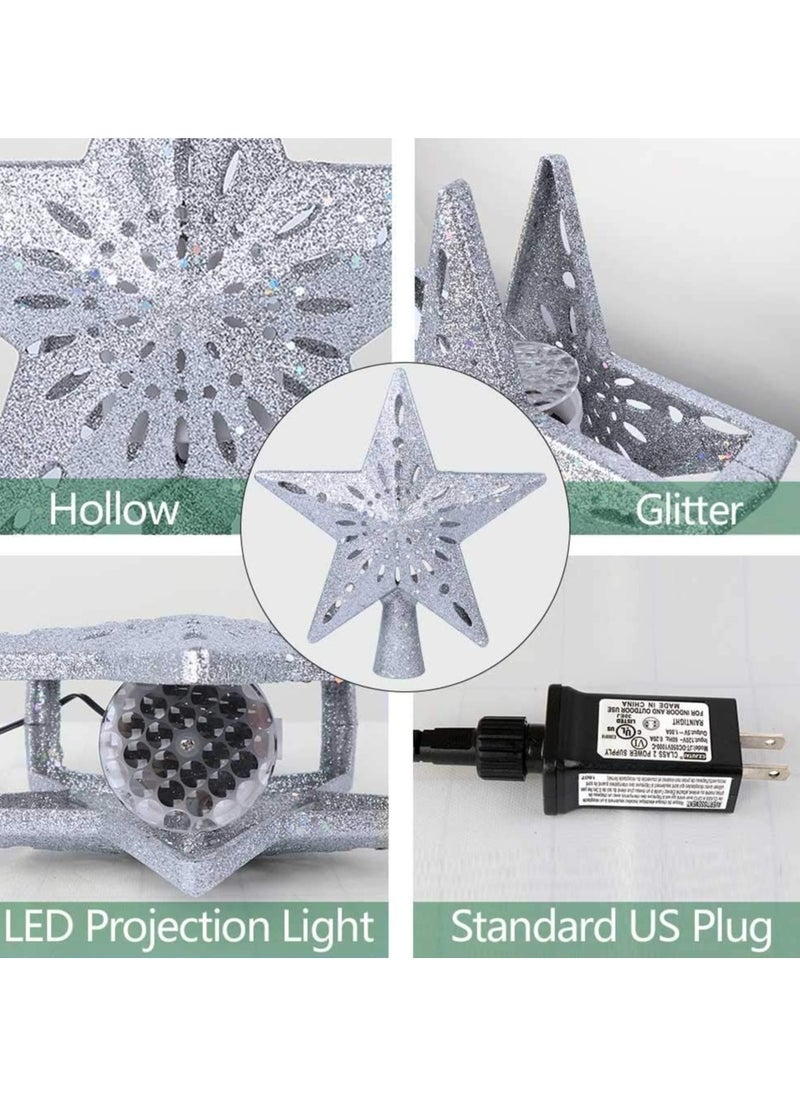 Christmas Star Tree Topper with Built-in Led Snowflake Projector Lights Hollowed Pentagram Tree Topper Plug in Christmas Tree Ornament for Indoor Xmas New Year Holiday Tree Decoration Sliver