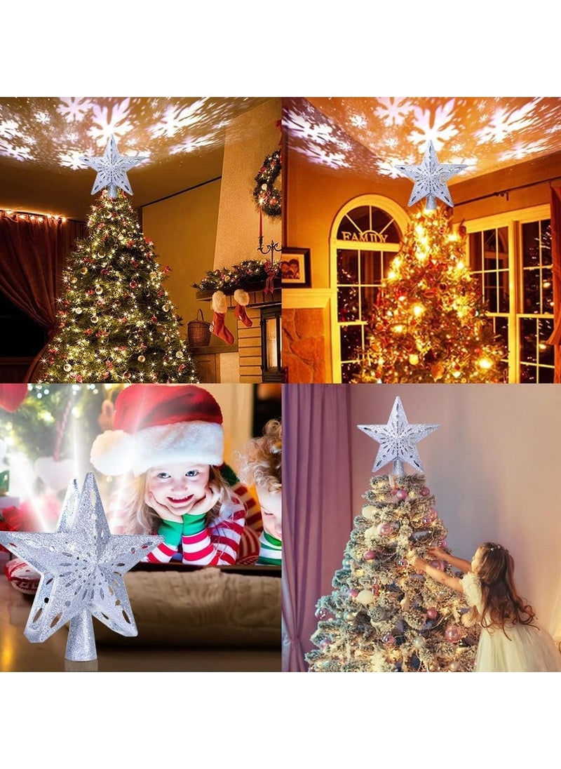 Christmas Star Tree Topper with Built-in Led Snowflake Projector Lights Hollowed Pentagram Tree Topper Plug in Christmas Tree Ornament for Indoor Xmas New Year Holiday Tree Decoration Sliver