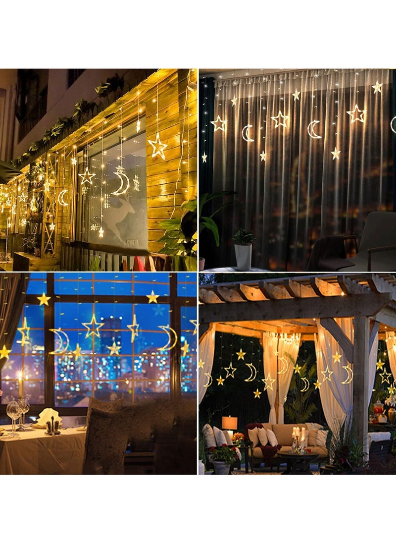 3.5m Christmas decorations Lights,138 LED Solar PoweredCurtain Star Moon Lights,Window Lights Waterproof with 8 Flashing Modes Star String Lights for Indoor Outdoor Bedroom Christmas Wedding Party Gazebo Garden