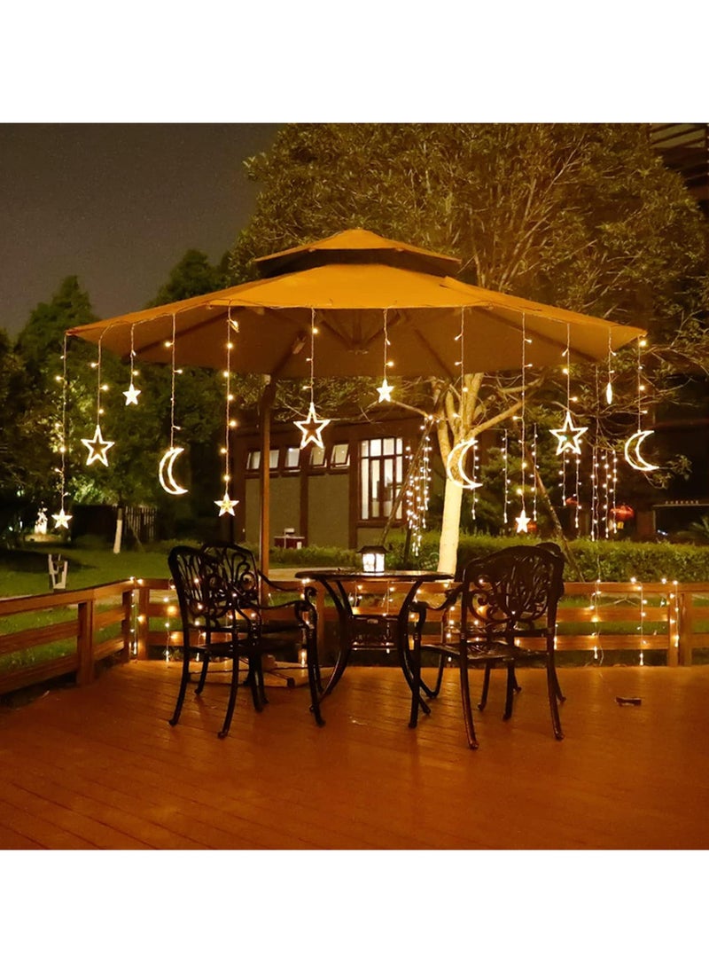 3.5m Christmas decorations Lights,138 LED Solar PoweredCurtain Star Moon Lights,Window Lights Waterproof with 8 Flashing Modes Star String Lights for Indoor Outdoor Bedroom Christmas Wedding Party Gazebo Garden