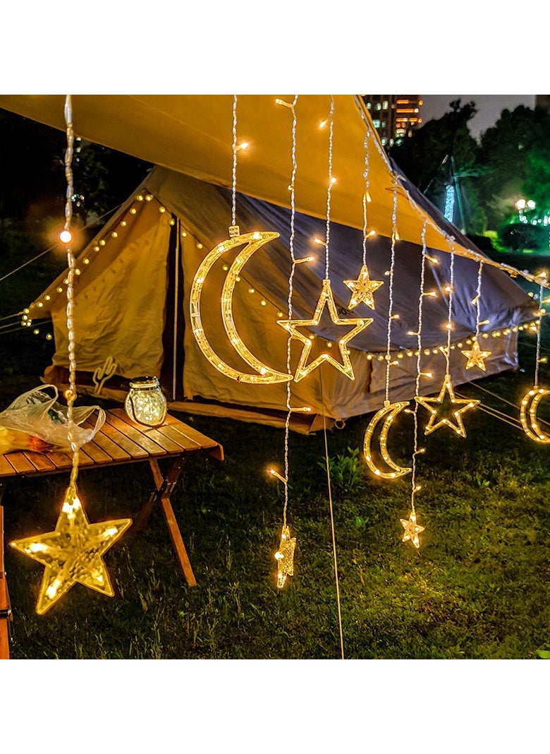 3.5m Christmas decorations Lights,138 LED Solar PoweredCurtain Star Moon Lights,Window Lights Waterproof with 8 Flashing Modes Star String Lights for Indoor Outdoor Bedroom Christmas Wedding Party Gazebo Garden