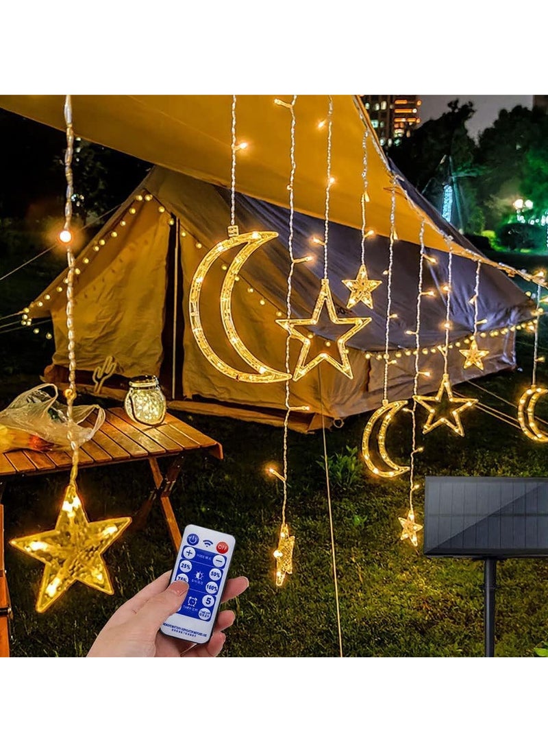 3.5m Christmas decorations Lights,138 LED Solar PoweredCurtain Star Moon Lights,Window Lights Waterproof with 8 Flashing Modes Star String Lights for Indoor Outdoor Bedroom Christmas Wedding Party Gazebo Garden