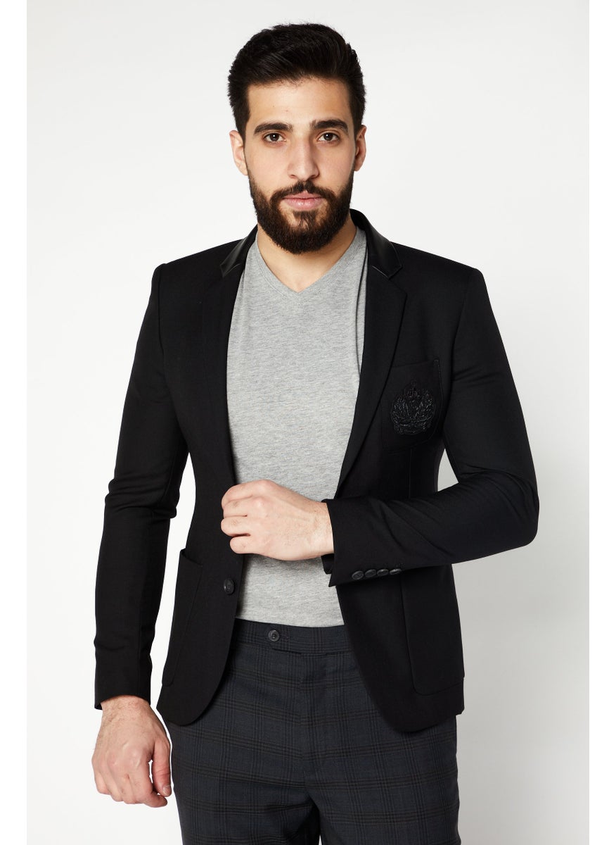 Men Regular Fit Long Sleeve Textured Suit Blazer, Black