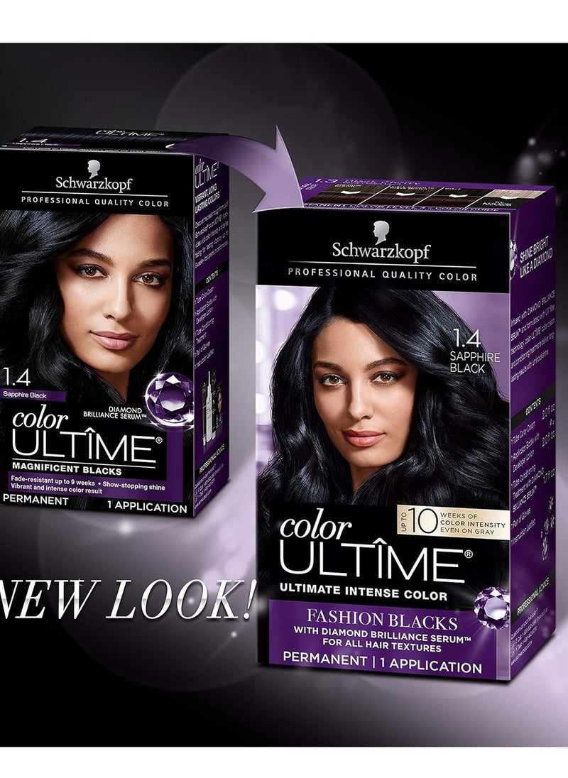 Schwarzkopf Color Ultime Hair Color, 1.4 Sapphire Black, 1 Application - Permanent Black Hair Dye for Vivid Color Intensity and Fade-Resistant Shine up to 10 Weeks