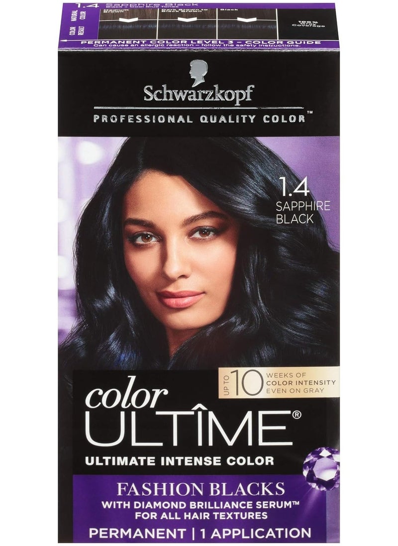 Schwarzkopf Color Ultime Hair Color, 1.4 Sapphire Black, 1 Application - Permanent Black Hair Dye for Vivid Color Intensity and Fade-Resistant Shine up to 10 Weeks