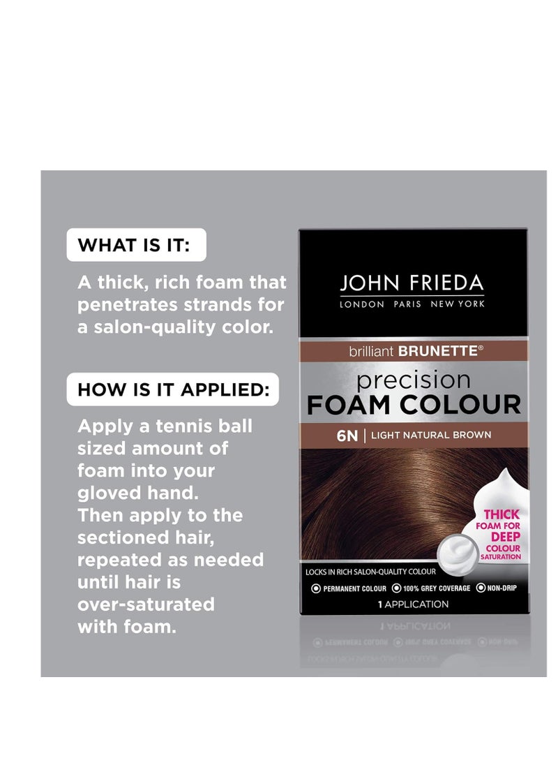 John Frieda Brown Permanent Precision Foam Hair Color Kit, Light Brown Hair Dye, 6N Light Natural Brown Hair Coloring Kit, 1 Application