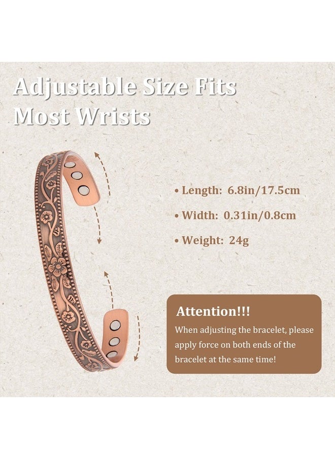 Copper Bracelets for Women, 99.9% Pure Copper Vintage Flower Magnetic Bangle with 3500 Gauss Magnets,6.8