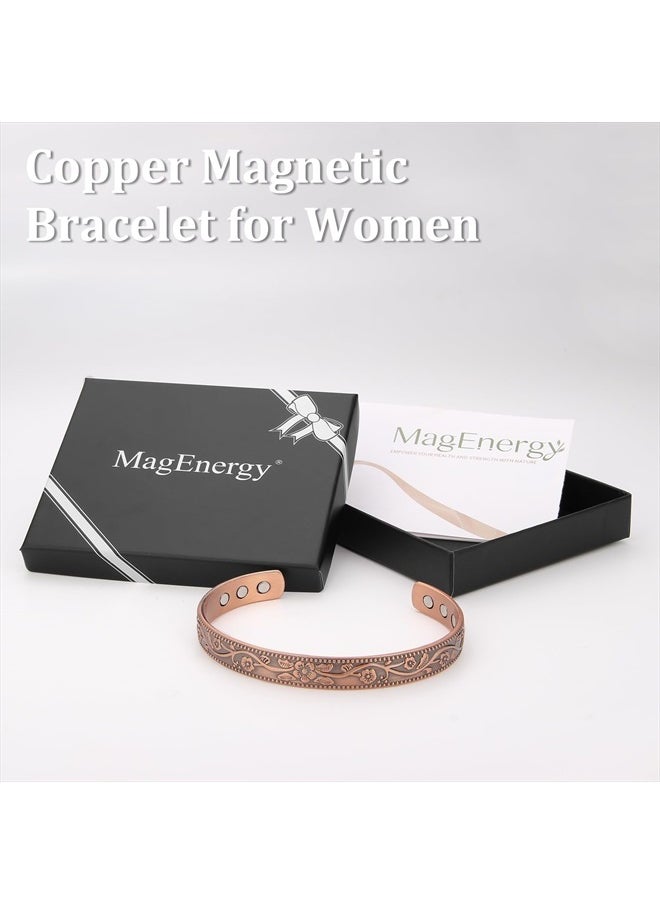 Copper Bracelets for Women, 99.9% Pure Copper Vintage Flower Magnetic Bangle with 3500 Gauss Magnets,6.8