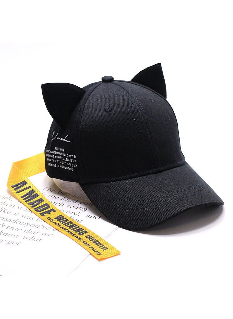 Chic Velvet Cat Ears Baseball Cap with Long RibbonsBlack (black hat Yellow Belt) Black (black hat Yellow Belt)