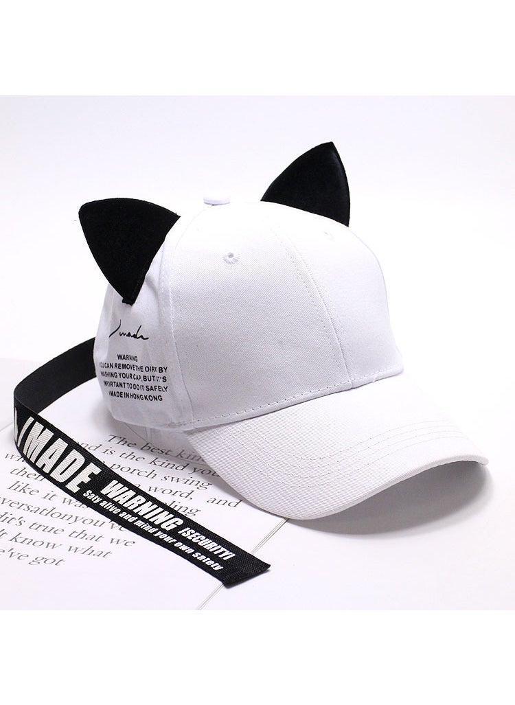 Chic Velvet Cat Ears Baseball Cap with Long RibbonsWhite (White Hat Black Belt) White (White Hat Black Belt)