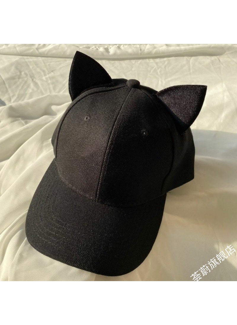 Chic Velvet Cat Ears Baseball Cap with Long RibbonsBlack (black hat white belt Black (black hat white belt