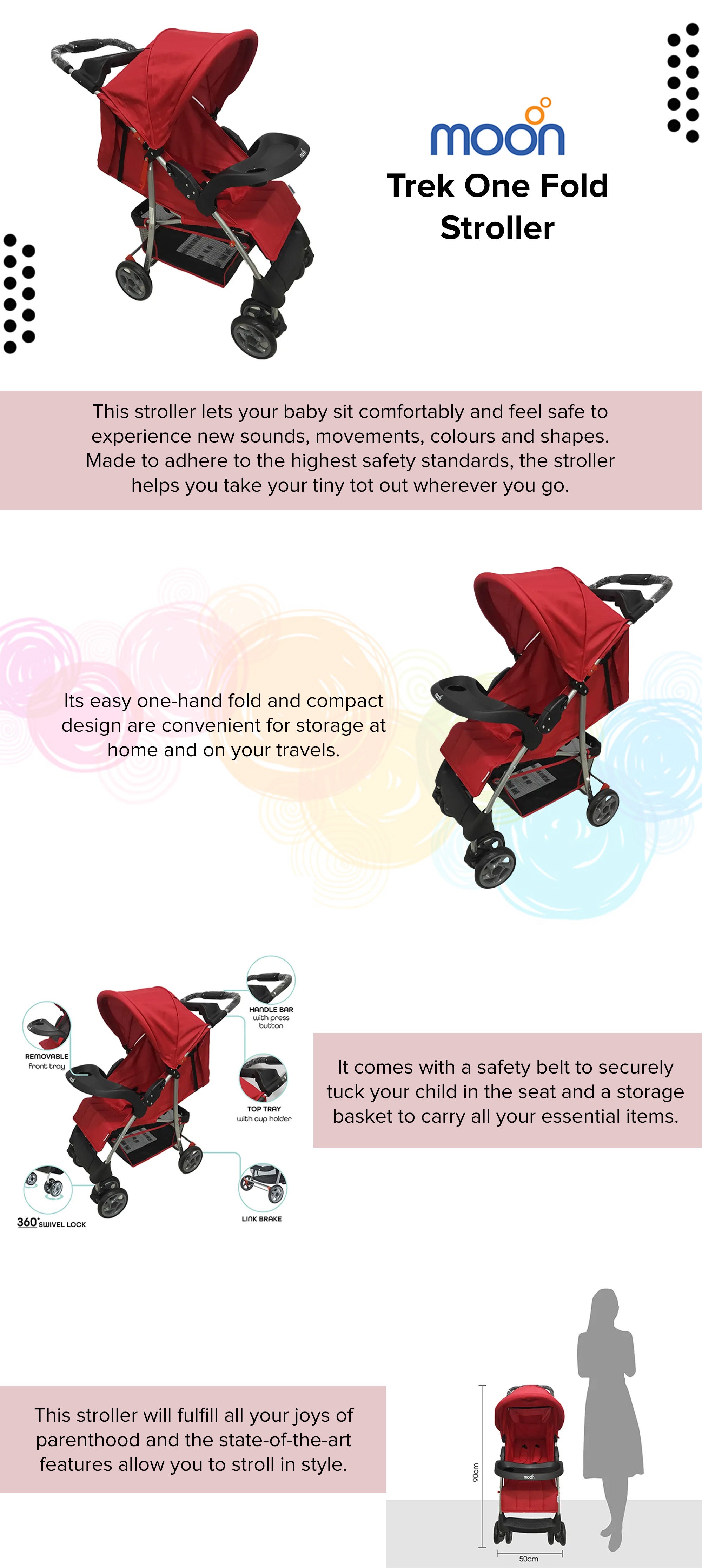 Easy  One Hand Fold Stroller, Multi-Postion Reclining Seat For Infant -Red Melange