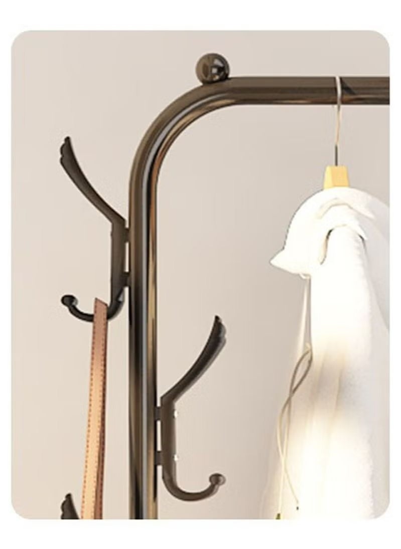 Single-pole coat rack with two-layer base, can dry clothes, store shoes, hang bags and hats, black shelf