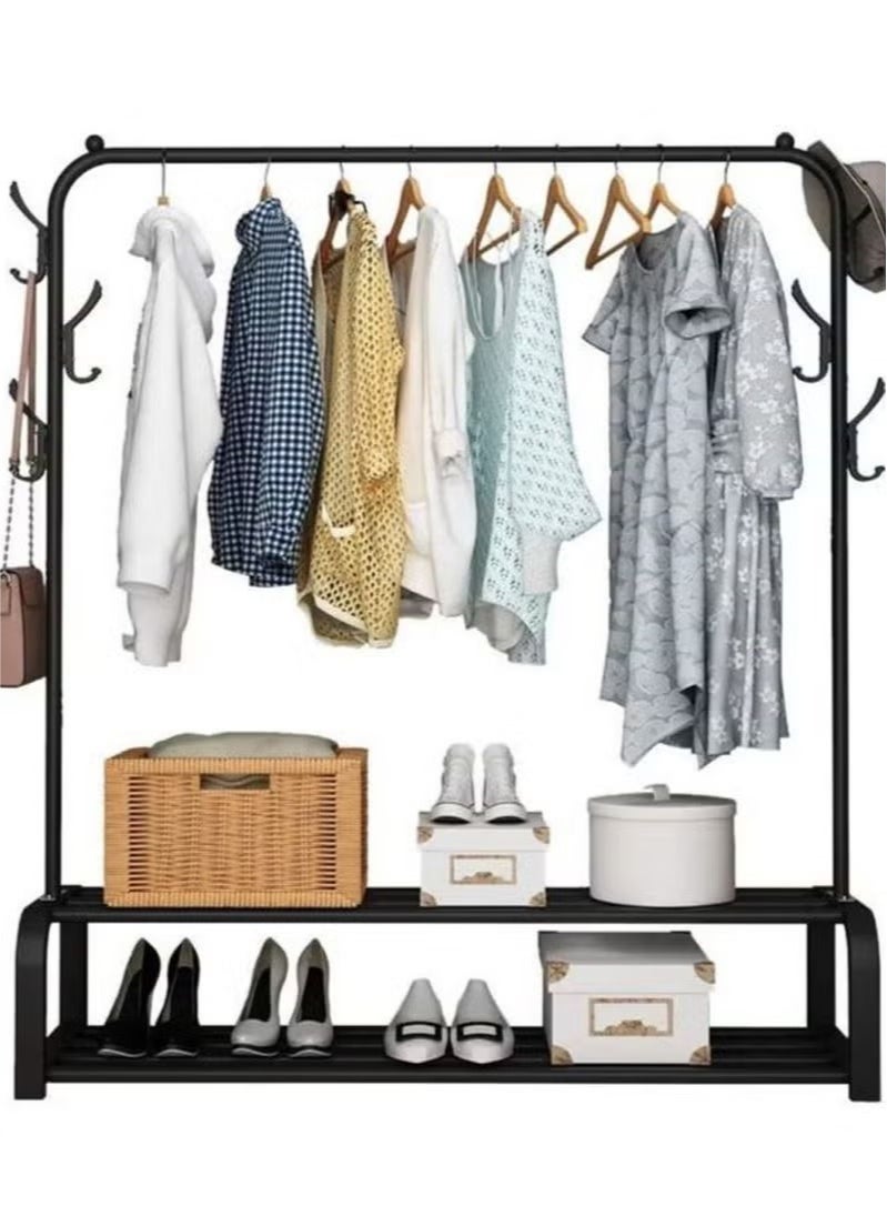 Single-pole coat rack with two-layer base, can dry clothes, store shoes, hang bags and hats, black shelf