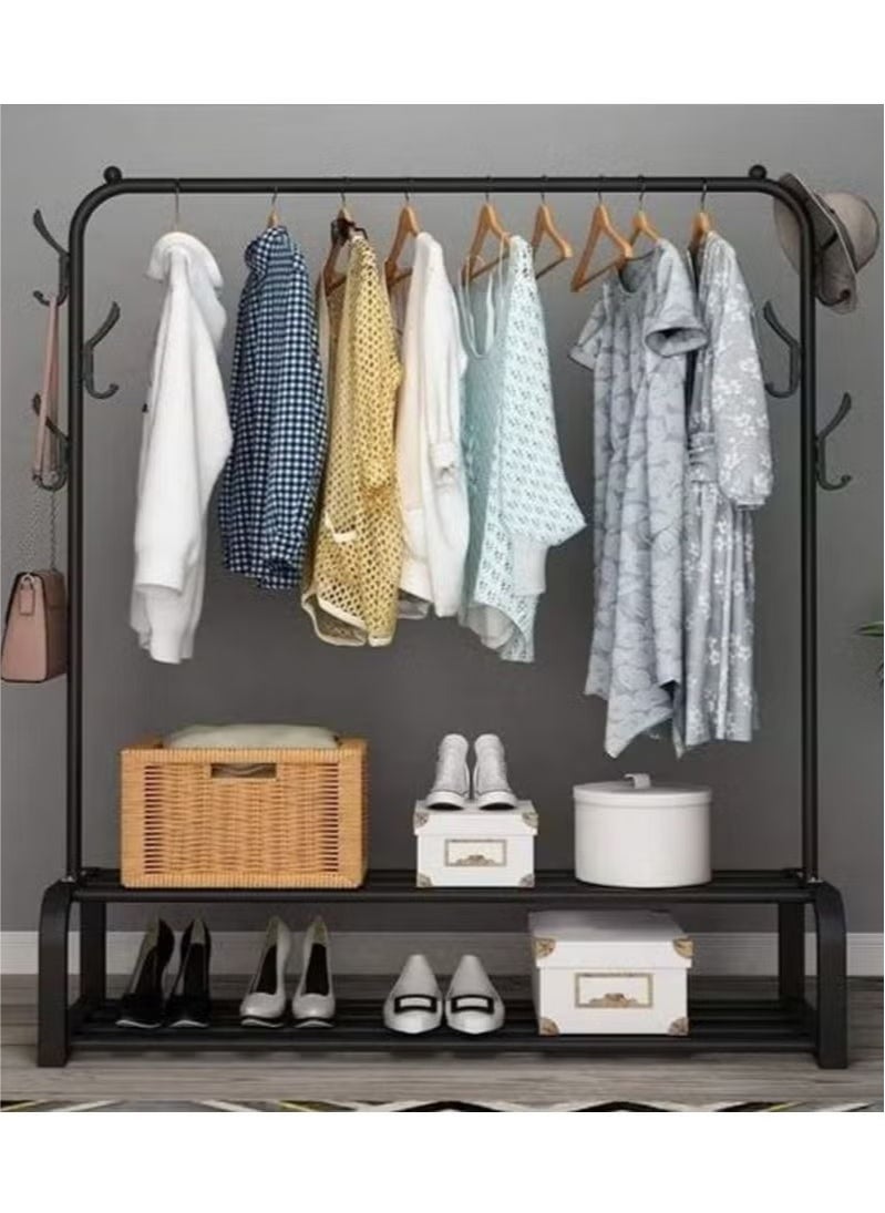 Single-pole coat rack with two-layer base, can dry clothes, store shoes, hang bags and hats, black shelf