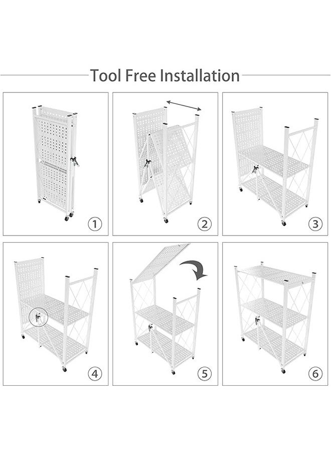 3-Layer Foldable Storage Rack, Multi-Layer Kitchen Living Room Floor Rack With Wheels Detachable Metal Shelf, White