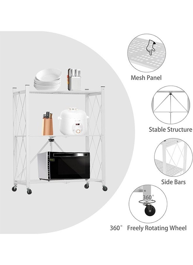 3-Layer Foldable Storage Rack, Multi-Layer Kitchen Living Room Floor Rack With Wheels Detachable Metal Shelf, White