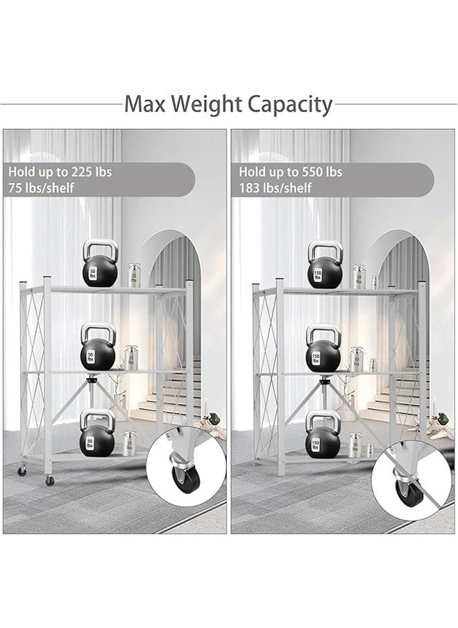 3-Layer Foldable Storage Rack, Multi-Layer Kitchen Living Room Floor Rack With Wheels Detachable Metal Shelf, White